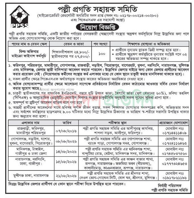 পল্লী প্রগতি সহায়ক সমিতি PPSS ফিল্ড অফিসার নিয়োগ বিজ্ঞপ্তি ২০২৬
